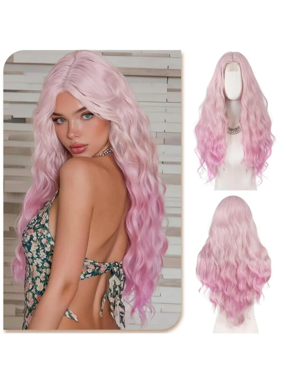 Women's Gradient Pink 28 Inch Lace Front Soft Synthetic Long Wavy Curly Wigs